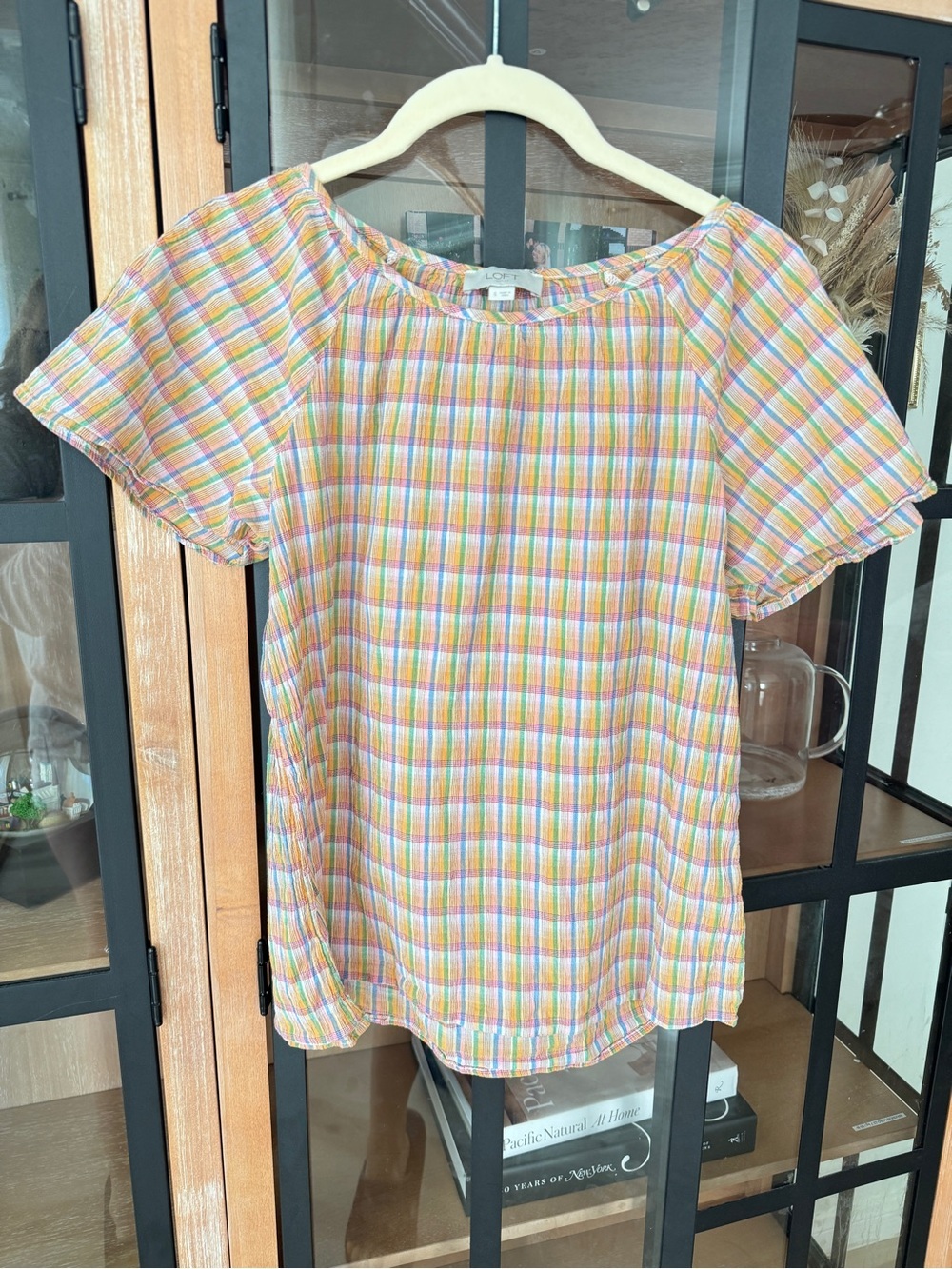 Loft colorful plaid top blouse short sleeve textured flowy boxy boho loose